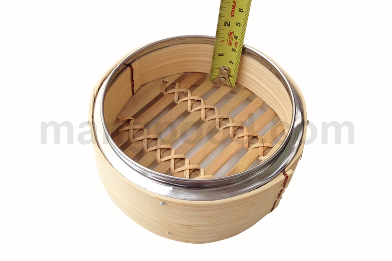 เข่งติ่มซำไม้ไผ่ขนาด 5 นิ้ว ขอบสแตนเลส วัดขนาดความสูงภายในถึงขอบเข่งติ่มซำ (Dim Sum Bamboo Steamer Basket 5 inches with Stainless Steel Inside Height)